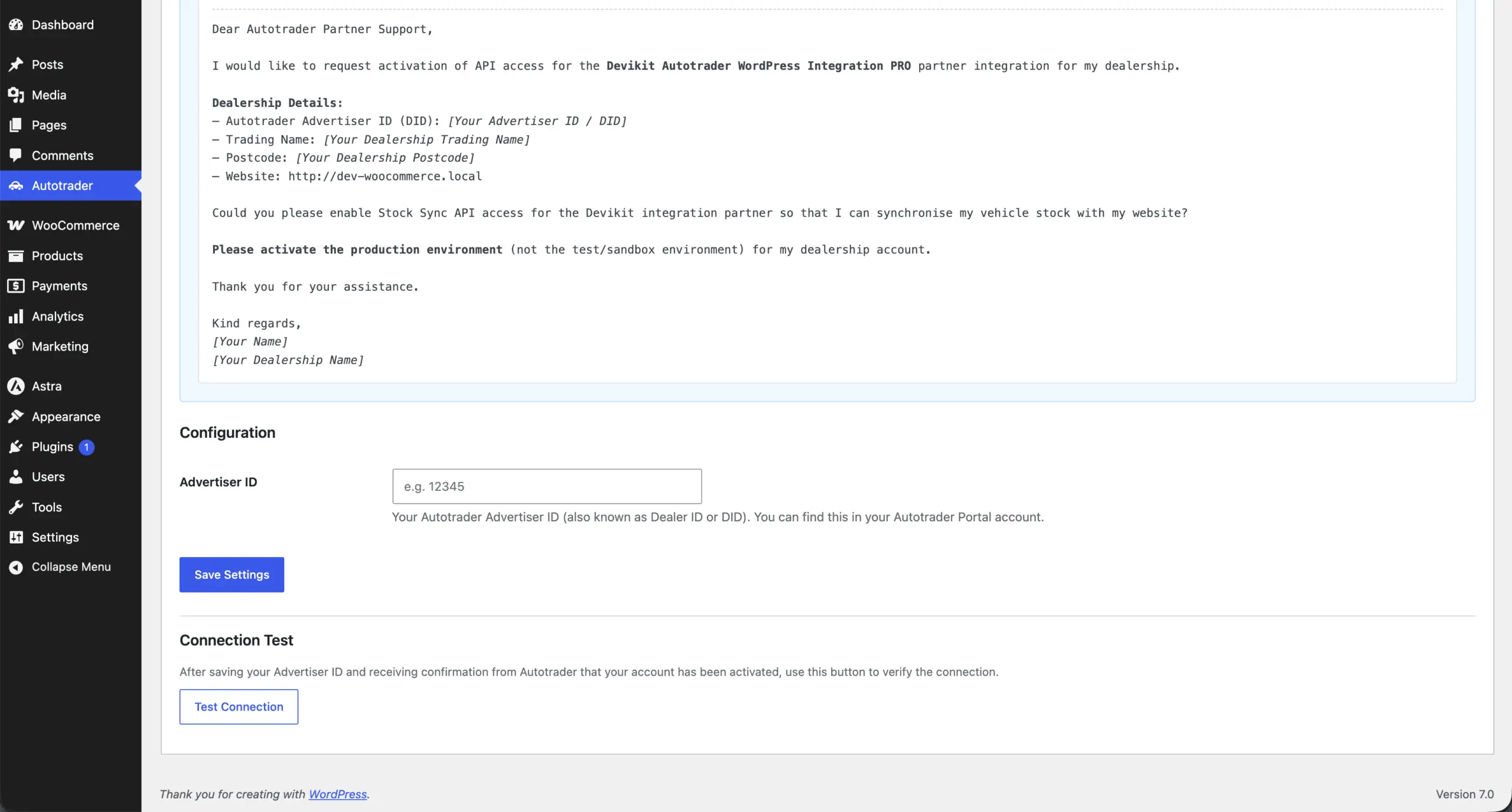Setup tab: Advertiser ID field, Save Settings and Test Connection
