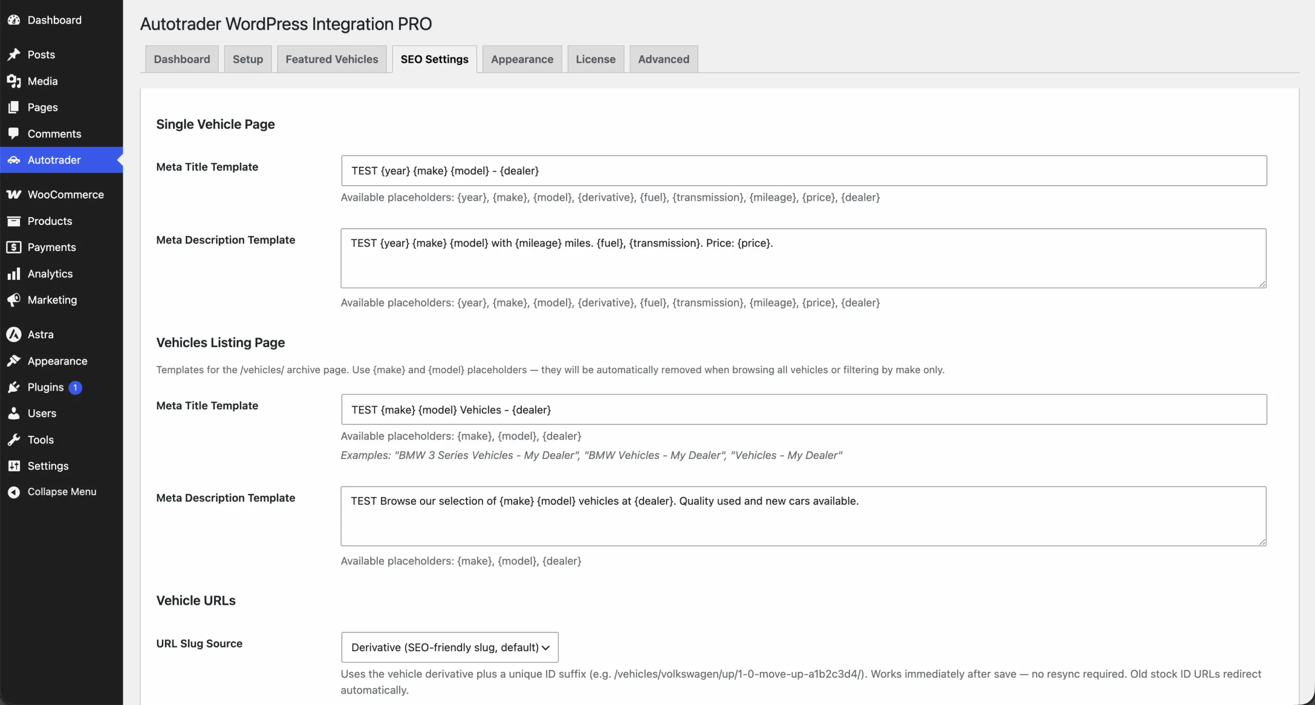 SEO Settings tab: meta title and description templates for the vehicle page and the listing, and the URL slug source