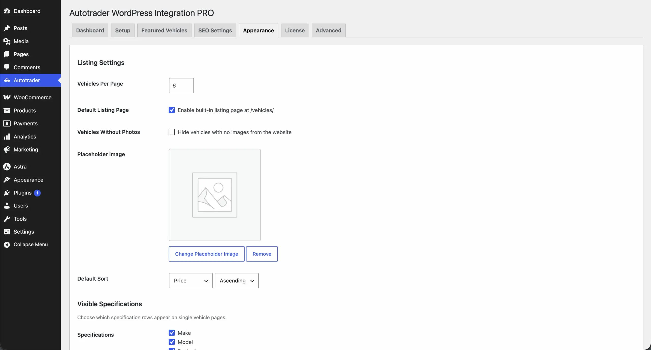 Appearance tab: vehicles per page, hide vehicles with no images, placeholder image and default sort