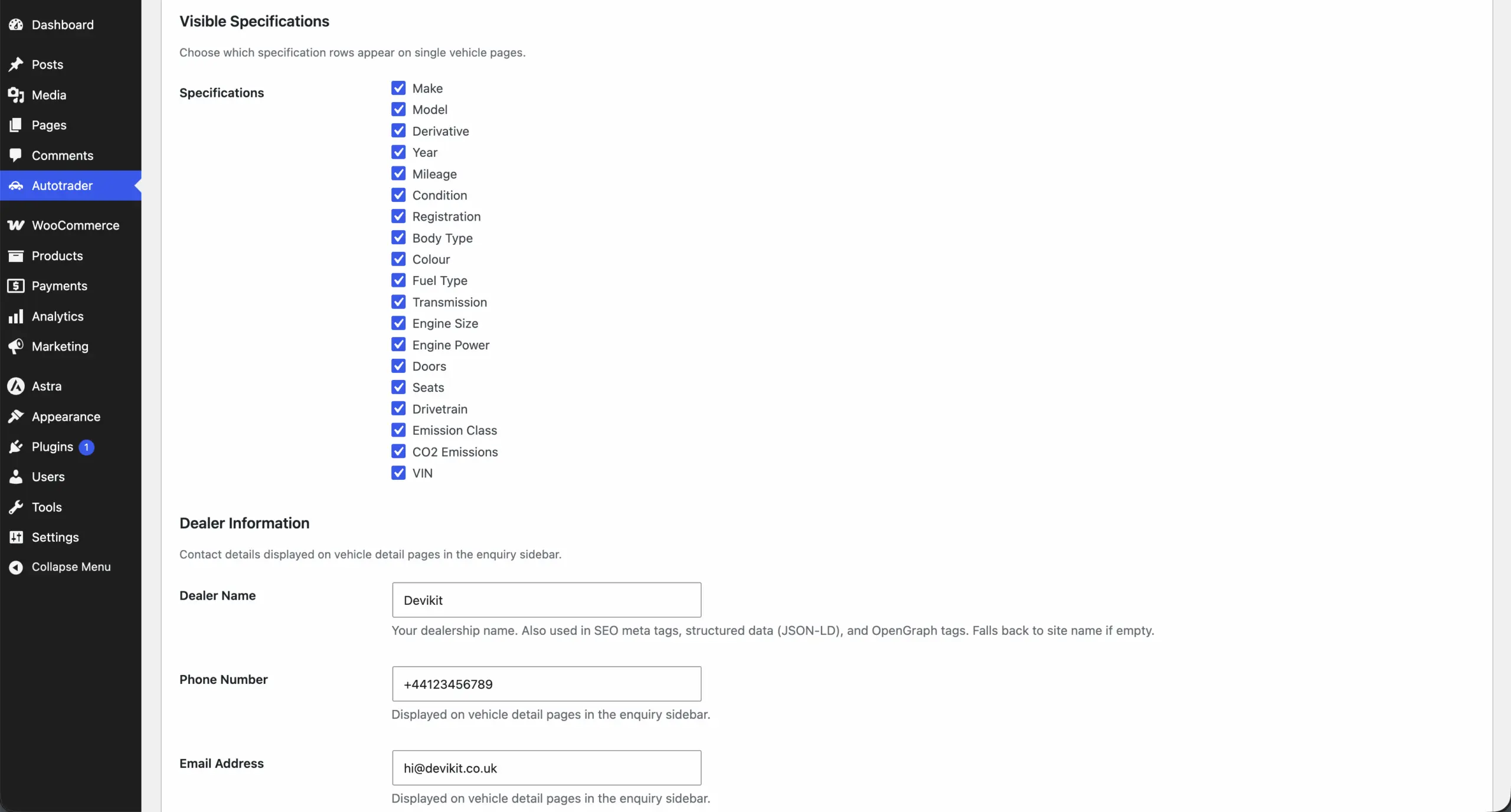 Appearance tab: specification rows to show, and dealer name, phone and email