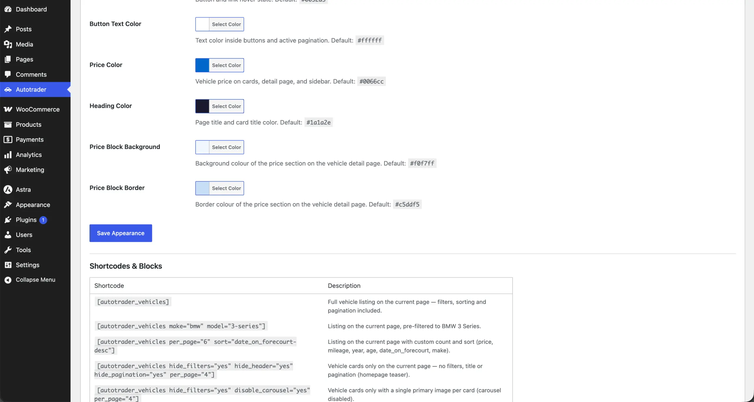 Appearance tab: button text, price, heading and price-block colours, then the start of the shortcode table