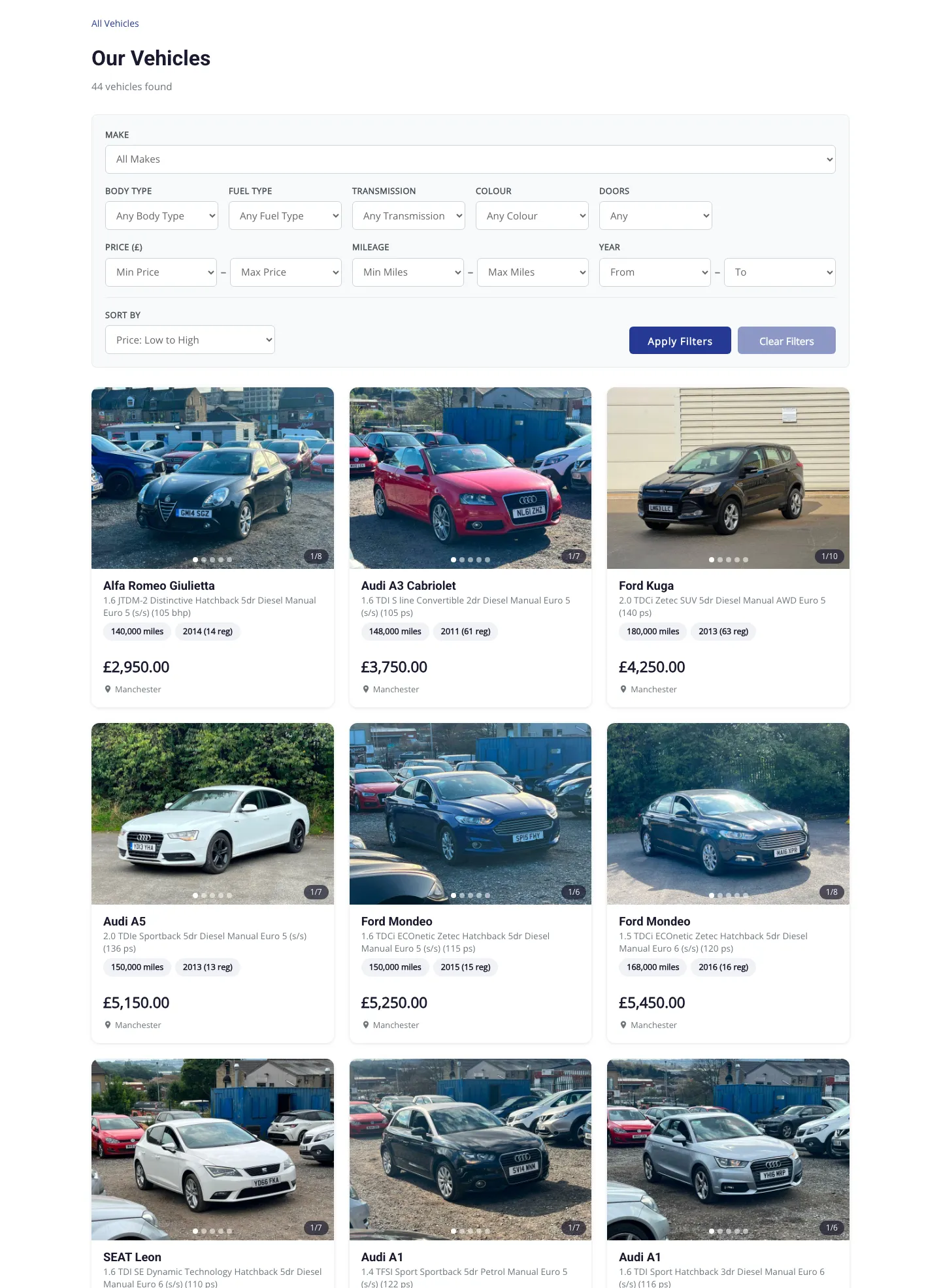 Vehicle listing with filters and cars that have photos: Alfa Romeo Giulietta, Audi A3, Ford Kuga and others